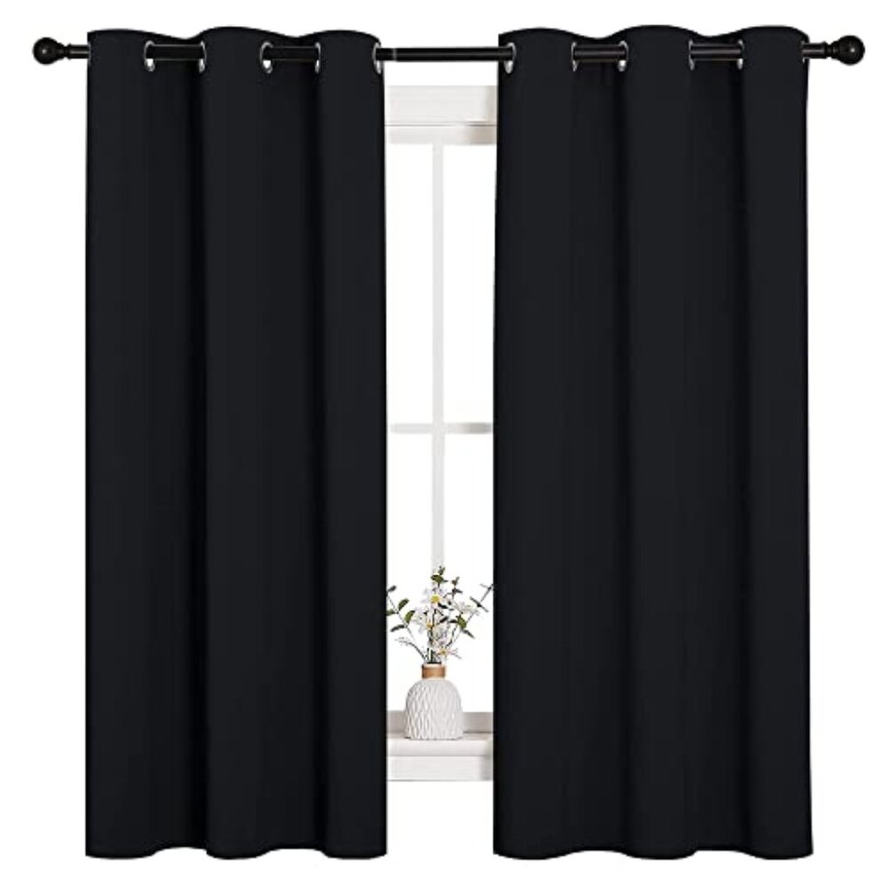 Pitch Black Solid Thermal Insulated Grommet Blackout Curtains/Drapes for Bedroom